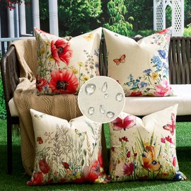 Outdoor Cushion Cover 40 x 40 cm Waterproof Linen Spring Summer Flower Farmhouse Decorative Cushion Cover Sofa Cushion Covers Decorative Cushion Covers for Sofa Bed Chair Garden Patio Set of 4