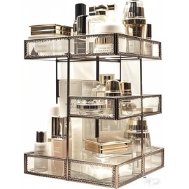 Vintage Glow Antique 360 Degree Rotating Makeup Organizer,4-Tier Spinning Perfume Tray,Countertop Cosmetic Storage ,Glass Beauty Display,Retro Large Capacity Vanity Organizer for Brushes Skincare