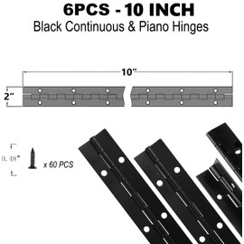 Teqinok 6PCS Black 6/10 Inch Heavy Duty Stainless Steel Piano Hinge, 2" Open Width Continuous Piano Hinges with Pre-Drilled Holes and Screws for Wood Furniture Tool,Piano Cabinets (10 INCH)