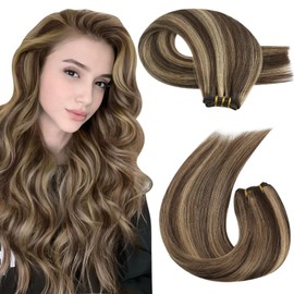 Moresoo Weft Hair Extensions Human Hair Sew in Double Weft Hair Extensions Dark Brown with Caramel Blonde Human Hair Bundles 22 Inch 100g/Pack #P4/27