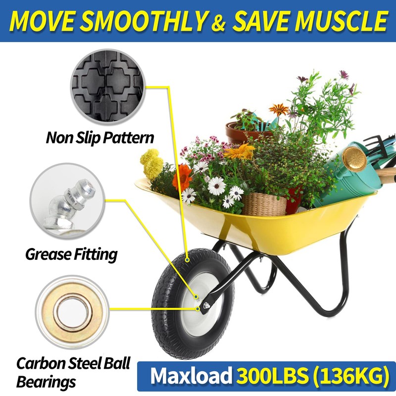 GICOOL 16" Flat-Free Solid Tire and Wheel, 4.80/4.00-8" Wheelbarrow Tire,