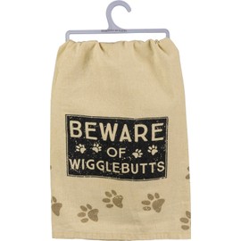 Primitives by Kathy Cotton Dish Towel - Beware of Wigglebutts Sentiment, Dog Design, Kitchen/Bathroom Decor, Tea Towels, 28"x28"