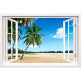 Fake Window Wall Decal - Tropical Beach Palms Faux Window Wall Mural for Home Decor, Peel and Stick Wall Sticker, 24" x 16"