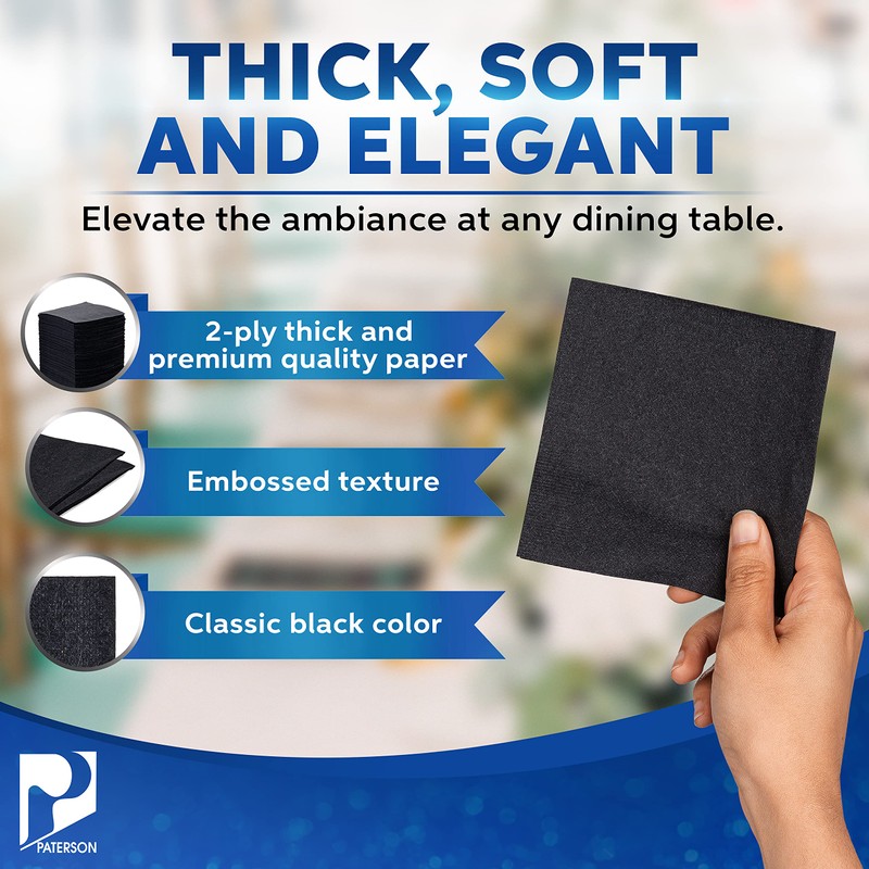 Paterson Paper Black Paper Beverage/Cocktail Napkins Premium Bulk (2 Ply,