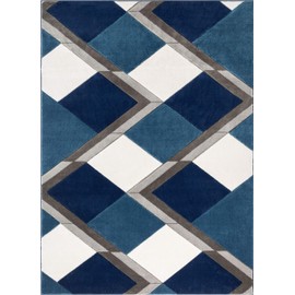 Well Woven Good Vibes Nora Blue Modern Geometric Stripes and Boxes 3'11 x 5'3" 3D Texture Area Rug, 3 ft 11 in x 5 ft 3