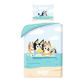 Bettwäsche Bluey am Strand, Bettbezug 140 x 200 cm für Kinder, mit Kissenbezug, mit Bluey, Bingo, Bandit (Der Papa) und Chilli (die Mama)