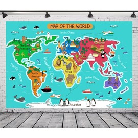 CORFOTO 10x8ft Cartoon World Map Backdrop Fabric Cartoon Continents Animals Map Background Children Educational Map Photography Backdrops for Kids Portrait Photoshoot Props Birthday Party Banner