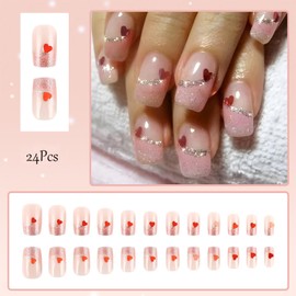 Heart Medium Square Nails Cute Red Heart Press on Nails Heart False Nails Love Heart Artificial Nails Line Heart Stick on Nails Romantic Valentines Acrylic Glue On Nails for Women 24Pcs