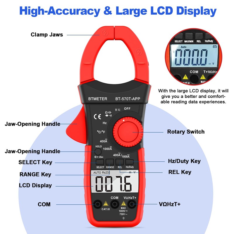 AIOMEST Current Clamp, Current Meter AC/DC Current: 0-1000A, 570T-APP Current