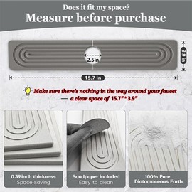 Faucet Mat for Kitchen Sink, Diatomite Fast Drying Stone Sink Tray, Super Absorbent Kitchen Sink Splash Guard, Faucet Splash Guard for Bathroom Counter (Gray 15.5 x 3.9 Inch)