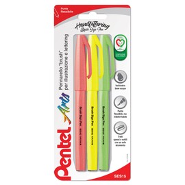 Pentel SES15C Brush Sign Pen Fluo, Flexible Fibre Tip, Ideal for Lettering, Calligraphy, Illustration Fluorescent Colours, Pack of 3