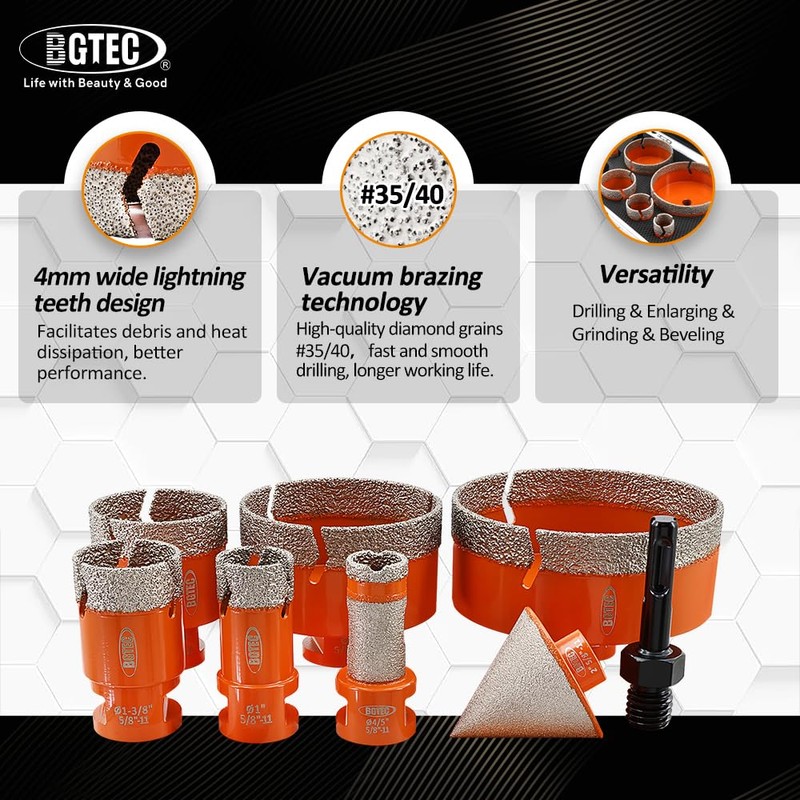 BGTEC Diamond Hole Saw Kit - 8PCS 25/35/50/75/100mm Core Bit