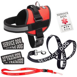 Dogline Service Dog Vest Harness Bundle Service Dog Reflective Leash & Patches Service Dog in Training Set, ADA IDs for Travel Support Therapy Dogs Girth 22 to 30 in Red