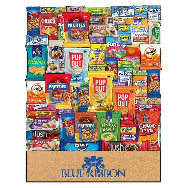 BLUE RIBBON Easter Snacks Box Care Package Variety Pack (55 Count) Snacks Care Package Food Cookies Bar Chips Candy Ultimate Variety Gift Box Assortment Basket Bundle Mix Bulk Sampler College Students Military Women Men Adult Kids