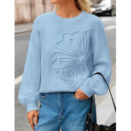 MEROKEETY Women's Floral Sweater Crew Neck Lantern Sleeve 2025 Fall Winter Trendy Warm Chunky Pullover Tops, Blue, X-Large