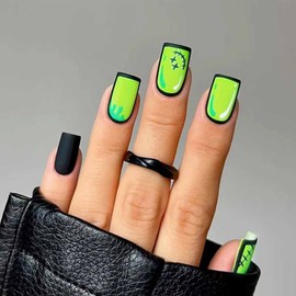 Foccna Comic Press on Nails Medium, Acrylic Fake Nails Square Cartoon False Nails Green,Artificial Nails for Women and Girls- 24 pcs