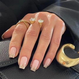 24pcs Gold French Tip Press on Nails Medium Square Fake Nails Coffin Shaped Nails Design Glitter Glue on Nails Pink Artificial Nails Pink Acrylic False Nails Exquisite for Women and Girls DIY Nail Kit