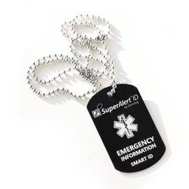Dynotag® SuperAlertID Smart Military Style Medical ID/Emergency Information Anodized Aluminum Pendant & Chain Set, with DynoIQ™ & Lifetime Service. Blue (Black)
