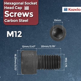 Kozelo Pack of 10 Cylindrical Screws with Hexagon Socket - [M12-1.75 x 20 mm] Screws Carbon Steel Black Oxide DIN 912 Full Thread Allen Screw for Industrial Mechanical