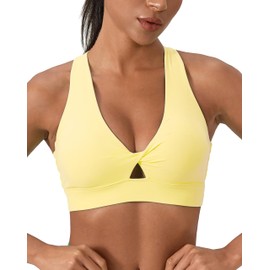Queerier Sports Bras for Women High Impact Padded Breathable Bra with Twist Front Crop Tops Supportive Yoga Running Yellow