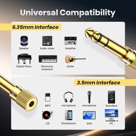 POSUGEAR 6.35mm 1/4 Male to 3.5mm 1/8 Female Stereo Headphone Adapter Connector Gold Plated, Headphone Jack Adapter for Aux Cable Speaker Headphone Guitar Digital Piano Amp, 5 Pack