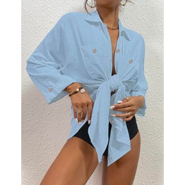 Bsubseach Womens Modern Swimsuit Cover Up Blouse Button Down Shirt Dresses Tops Light Blue M