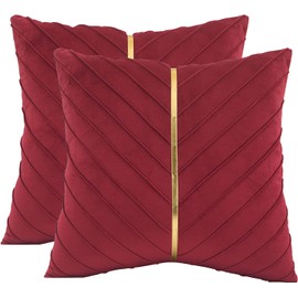 Tosleo Christmas Red Velvet Throw Pillow Covers 16x16 inch Pack of 2 with Gold Leather Valentine's Day Decoration Couch Pillow Cover Luxury Modern Pillowcases for Wedding Living Room Bedroom Sofa