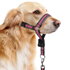 BARKLESS Soft Nylon Dog Head Collar for Large Medium Dog, Reflective Padding Head Halter for Training, Adjustable Muzzle Leash No Pulling, Jumping, Nose Leash Ideal for Walking (Pink, L)