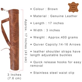 Brown Leather Quiver Traditional Leather Archery Quiver Arrow Holder Waist/Hip Hanging Shoulder Bag Shooting Hunting Shoulder Strap Adjustable Waist Bag