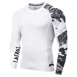 LAFROI CLYYB Men's Long-Sleeved UPF 50+ Compression Shirt Rash Guard, Asymmetric Trace
