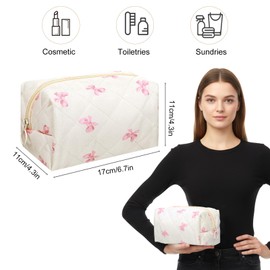 DOPENSPI Cute Makeup Bag, Quilted Cosmetic Bags Quilted Cotton Pouch with Zipper Large Travel Toiletry Bag Kawaii Coquette Makeup Pouch for Women Girls(Bow)