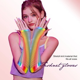 GEMILY Fingerless Glove Rainbow Fishnet Long Fashion Gloves Elastic Rave Party Cosplay Gloves Accessories for Women and Girls(Rainbow-1)