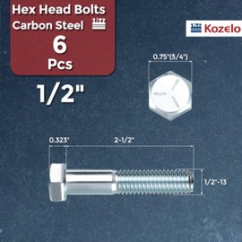Kozelo 6 Pcs Hex Head Screws Bolts - [1/2"-13x2-1/2] Carbon Steel Grade 5 Hex Tap Hexagon Head Machine Bolts Right Hand External Hex Drive, Blue White