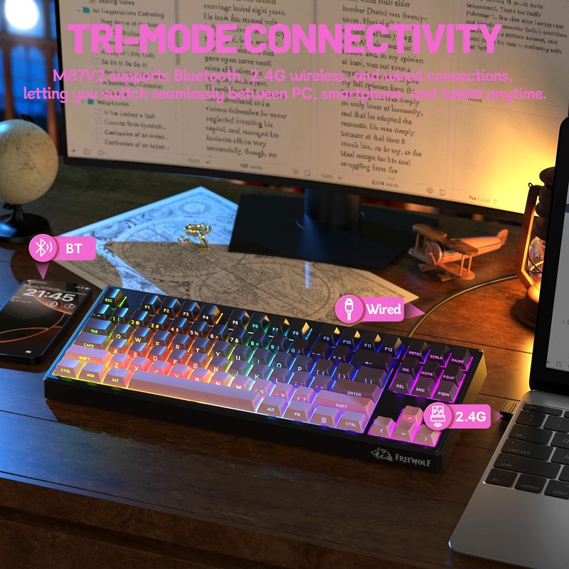 Free wolf M87 V2 87 Keys Membrane Gaming Wireless Keyboard,80%