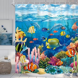 Homewelle Fish Tropical Ocean Kids Shower Curtain Funny Under Water Colorful World Coral Blue Clown Fish Animal 60Wx72H Inch for Boys Kids Children Waterproof Polyester Fabric Bathroom Bathtub