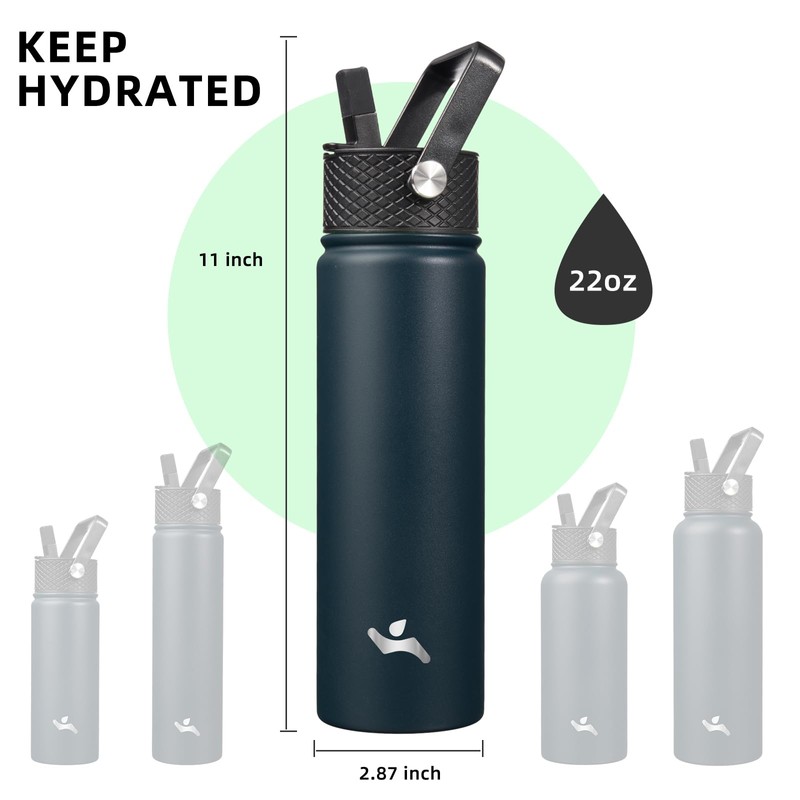 Konokyo 22oz Stainless Steel Bottles with 3 Lids Sport Insulated