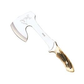 Joker Hunting Axe Cazador, Stainless Steel Ferrule, Blade of 8.27 inches, with Brown Leather Sheath, Tool for Fishing, Hunting, Camping and Hiking (Red‑Dyed Laminated Wood)