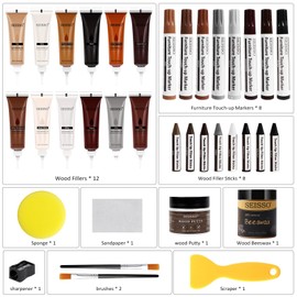 SEISSO Wood Furniture Repair Kit, 12 Colors Wood Fillers, Wood Putty with Beeswax, Furniture Touch Up Markers with Wood Crayons, Hardwood Floor Repair Kit for Stains, Scratch, Cracks, Hole