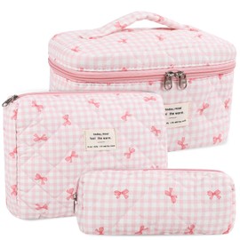 Anfly 3PCS Quilted Makeup Bag, Cotton Makeup Bag Set, Cute Pink Quilted Cosmetic Bag for Women, Large Travel Cosmetic Organizer, Makeup Organize