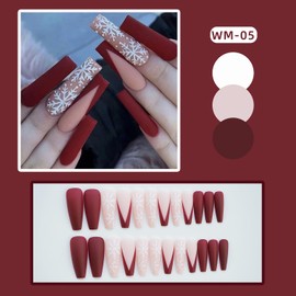 Vezocim Christmas Press on Nails Square Long Length, Acrylic Coffin False Nails with White Snowflake Designs, Red Artificial Fake Nails for Winter, False Fingernails Glue Nails for Women