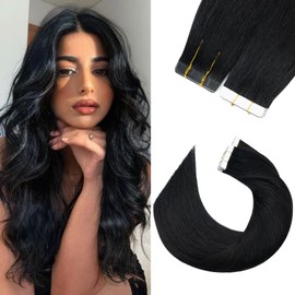 Silk-co Tape in Hair Extensions Human Hair Remy Real Hair Extension 18inch Invisible Straight Seamless Skin Weft With Glue Straight Silky Soft 10 Pieces*1.5g 15g/Set - #01 Jet Black