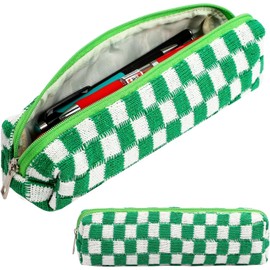 Small Pencil Pouch Plaid Makeup Bag, Knitted Cosmetic Bag Checkered Makeup Bag, Coin Pouch Office Stationery Organizer for Teen School (Green)