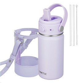 COKTIK Kids Water Bottle with Straw, 14oz Insulated Stainless Steel Tumbler, Leak-Proof Locking Lid for School, Lunchbox, Outdoor Sports,Case with Shoulder Strap (1 Pack, Purple)