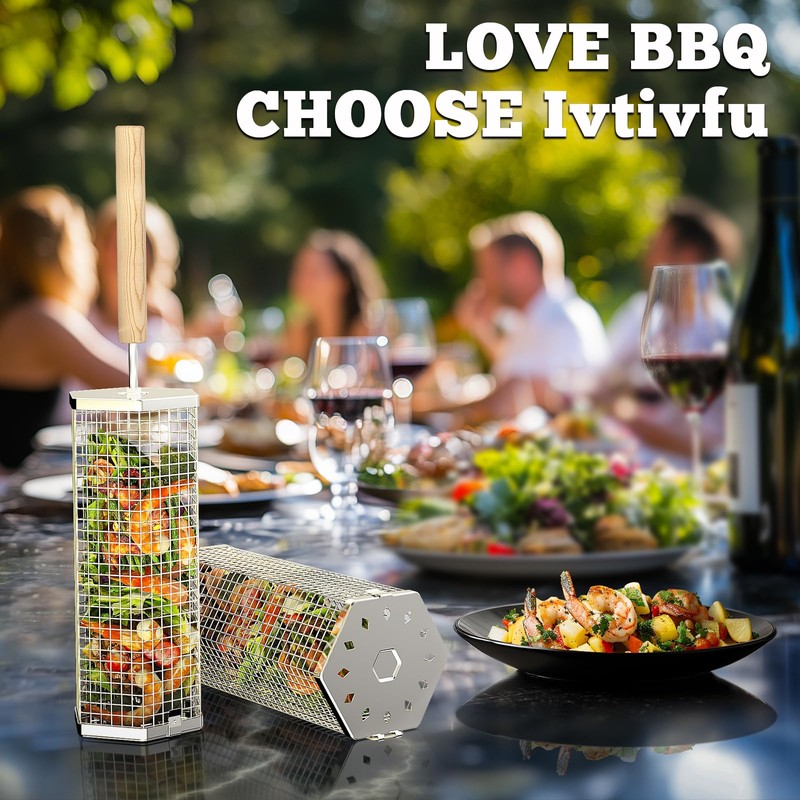 ivtivfu Rolling Grill Baskets (Hexagon), Removable Wooden Handle, 304 Stainless