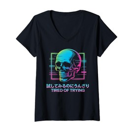 Womens Skull Vaporwave Aesthetic Glitch Art Retro Cyberpunk Edgy V-Neck T-Shirt