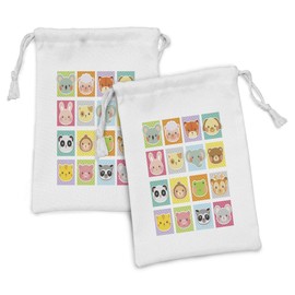 Lunarable Zoo Fabric Pouch Set of 2, Zoo Animal Faces Print Traditional Polka Dot Background Cartoon Style Manga Inspired, Small Drawstring Bag for Toiletries Masks and Favors, 9" x 6", White Teal