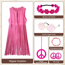 KitChocoLot Hippie Women's Vest Costume Set, 7 Pieces, 60s 70s Outfit, Women's Hippie Clothing, Fringe Vest for Carnival, Vintage Pink (M)