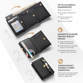 VULKIT Card Holder Wallet with Coin Pocket Magnetic Closure Pop Up Cards With ID Window Leather Wallet for Cash & Credit Cards, Grain Black