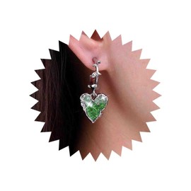 TseenYi Emerald Heart Circle Earrings Green Heart Dangle Hoop Earrings Silver Large Circle Hoop Huggie Earring Boho Heart Love Drop Earrings Jewelry for Women and Girls Gifts