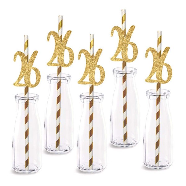 26th Birthday Paper Straw Decor, 24-Pack Real Gold Glitter Cut-Out Numbers Happy 26 Years Party Decorative Straws